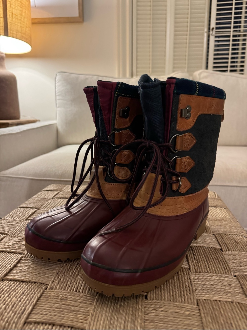 Vintage Eddie Bauer Burgundy with Plaid Pattern Waterproof Lace-Up Winter Boots